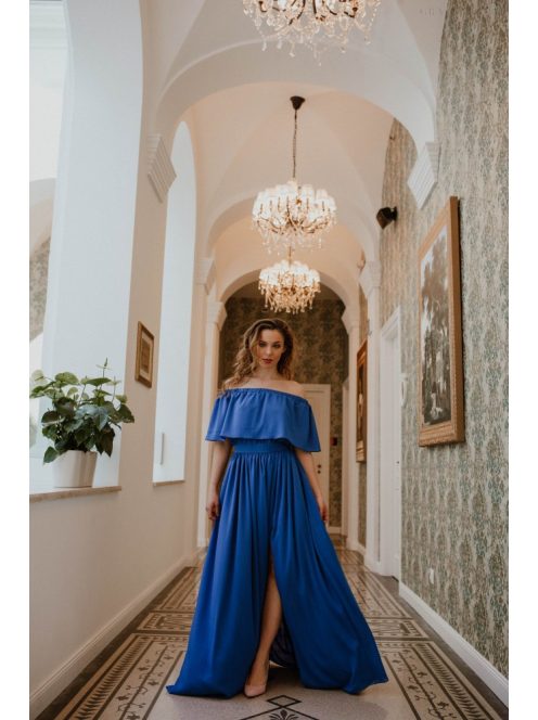 Mušelínové maxi šaty s odhaleným ramenom  a volánovým topom