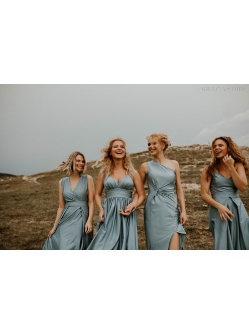 Sivomodré priliehavé šaty s uzlíkovým detailom. 