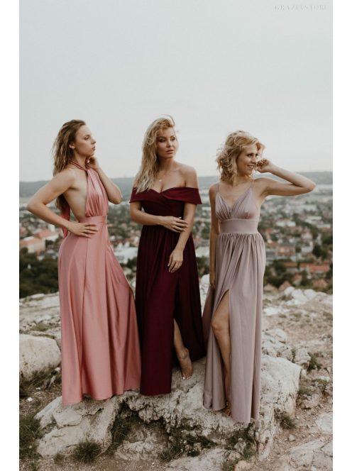 Staroružové maxi šaty vpredu s uzlíkovým detailom. 