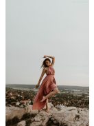 Staroružové maxi šaty vpredu s uzlíkovým detailom. 