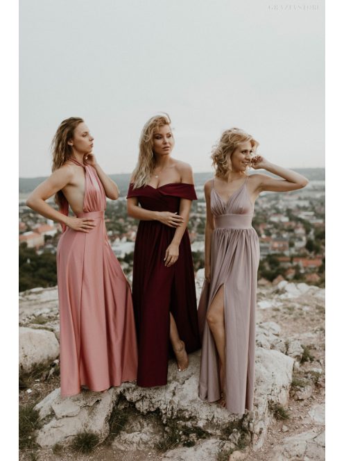 Staroružové maxi šaty vpredu s uzlíkovým detailom. 