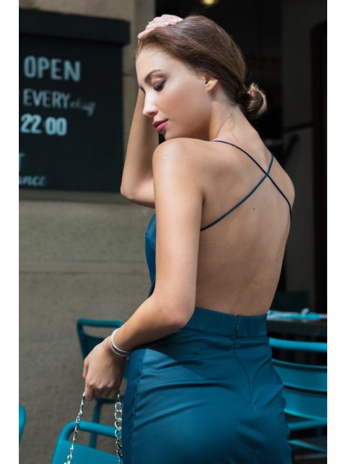 Modré šaty s koženým efektom bez  chrbtovej časti  s 1 ramienkom - modré