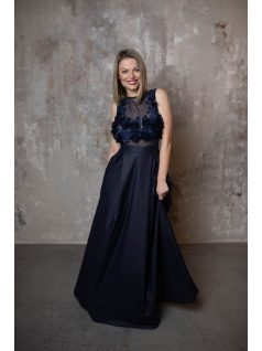   Tmavomodré maxi šaty s koženým efektom a 3D čipkovaným topom