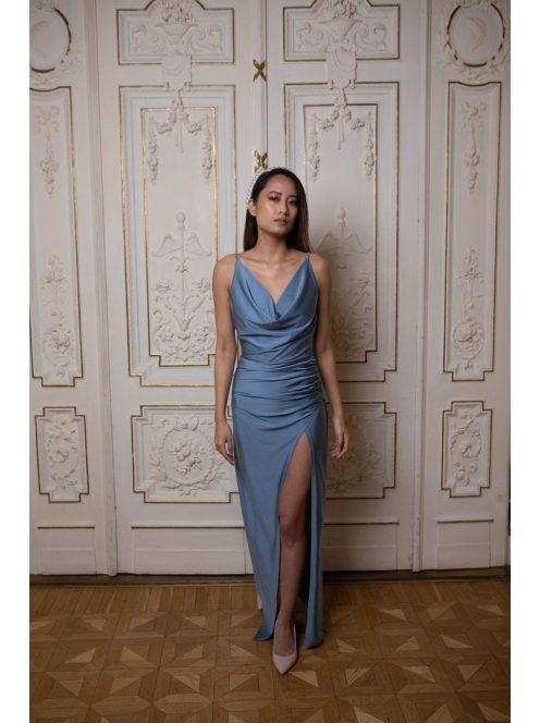 Maxi šaty s padacím výstrihom - šedomodrá