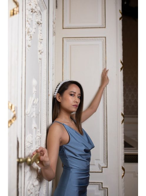 Maxi šaty s padacím výstrihom - šedomodrá