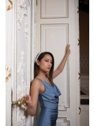 Maxi šaty s padacím výstrihom - šedomodrá