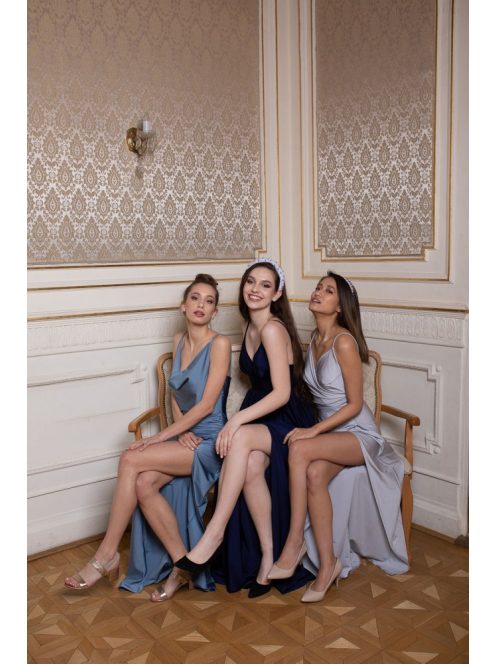 Maxi šaty s padacím výstrihom - šedomodrá