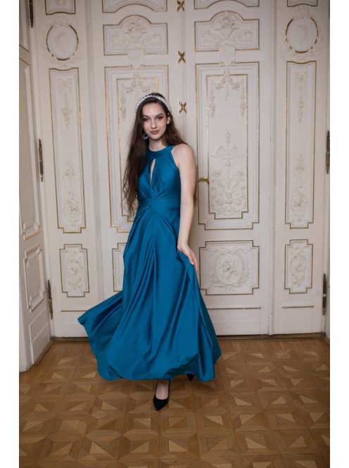 Maxi šaty s výstrihom tvare slzičky - petrolejovo modré