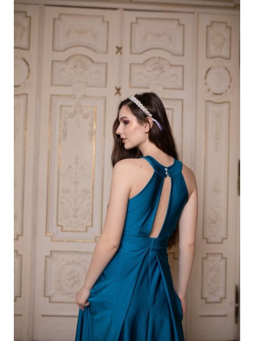 Maxi šaty s výstrihom tvare slzičky - petrolejovo modré