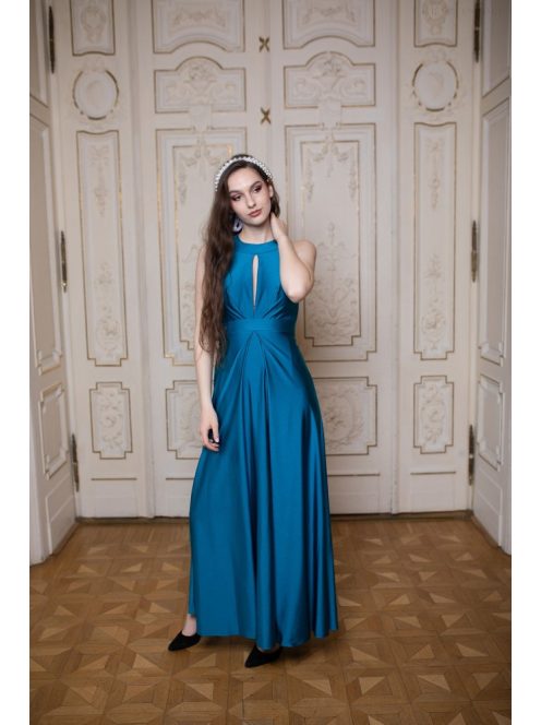 Maxi šaty s výstrihom tvare slzičky - petrolejovo modré