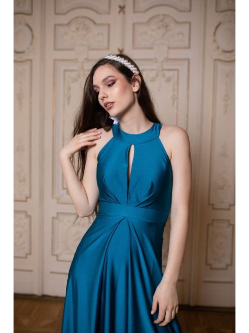 Maxi šaty s výstrihom tvare slzičky - petrolejovo modré