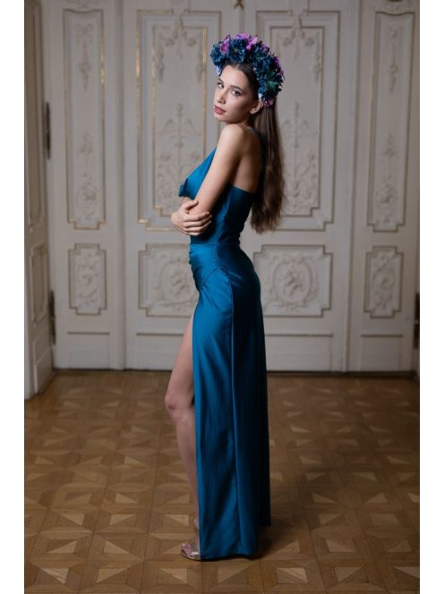 Maxi šaty s hlbokým výstrihom - petrolejovo modrá