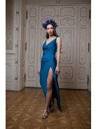 Maxi šaty s hlbokým výstrihom - petrolejovo modrá