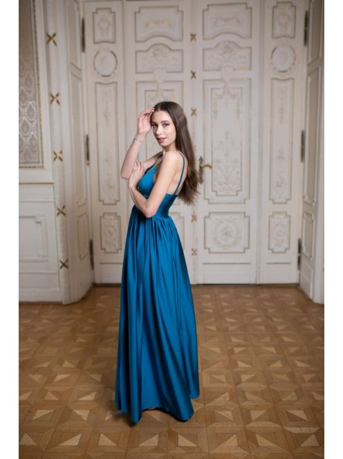 Maxi šaty s výstrihom do V - petrolejovo modrá