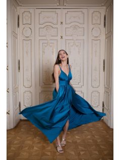 Maxi šaty s výstrihom do V - petrolejovo modrá