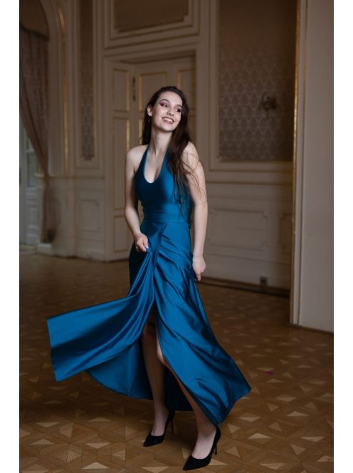 Maxi šaty s výstrihom v tvare U – petrolejovo modrá