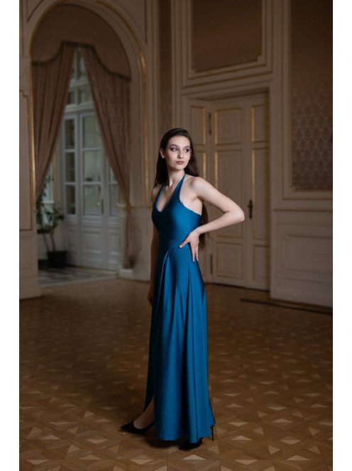 Maxi šaty s výstrihom v tvare U – petrolejovo modrá