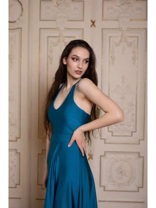 Maxi šaty s výstrihom v tvare U – petrolejovo modrá