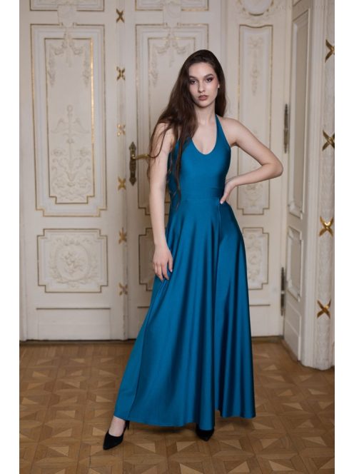 Maxi šaty s výstrihom v tvare U – petrolejovo modrá