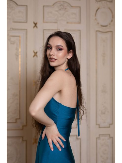 Maxi šaty s výstrihom v tvare U – petrolejovo modrá