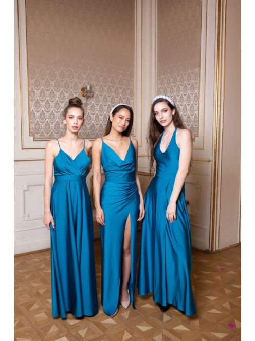 Maxi šaty s výstrihom v tvare U – petrolejovo modrá