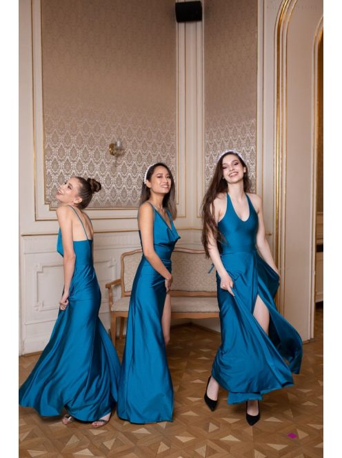 Maxi šaty s výstrihom v tvare U – petrolejovo modrá