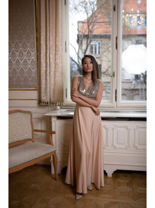 Maxi šaty s flitrovaným topom - šampanské