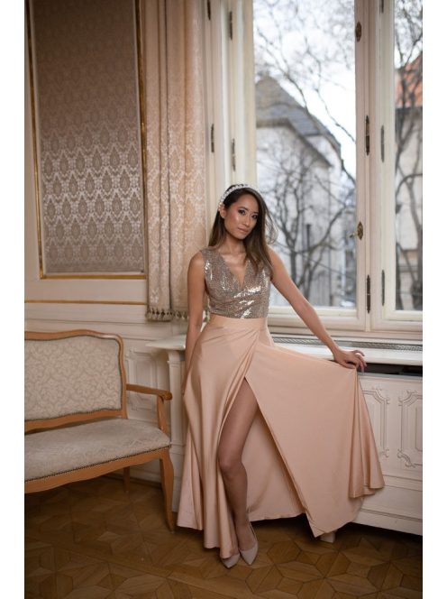 Maxi šaty s flitrovaným topom - šampanské