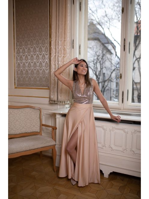 Maxi šaty s flitrovaným topom - šampanské