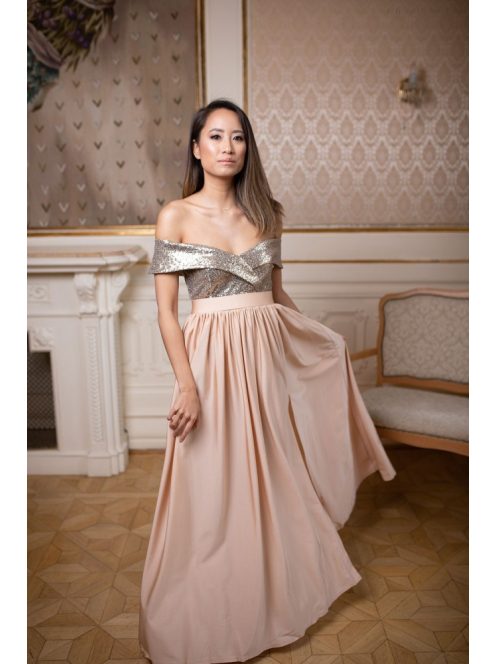 Maxi šaty so srdiečkovým výstrihom a s flitrovaným topom - šampanské 