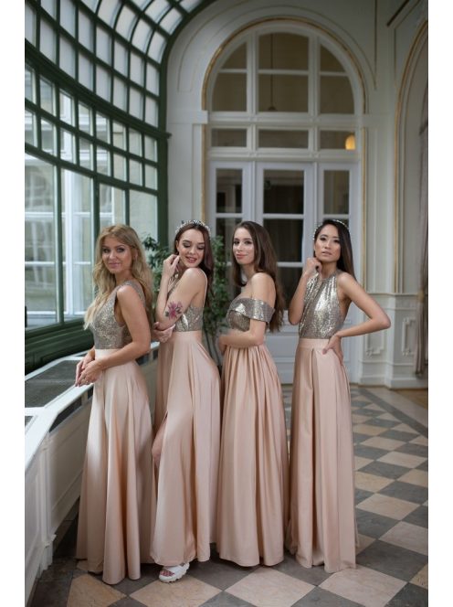 Maxi šaty so srdiečkovým výstrihom a s flitrovaným topom - šampanské 