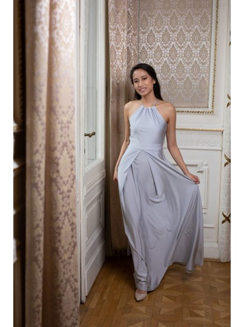 Vpredu-vzadu uzavreté, bezrukávové maxi šaty- strieborná