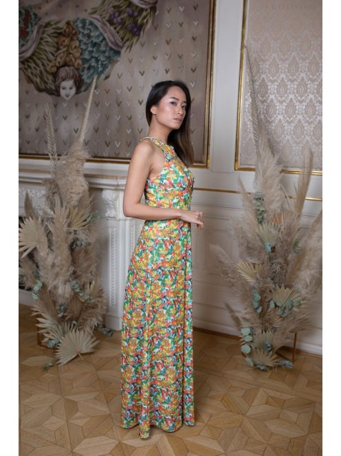 Maxi šaty s výstrihom v tvare slzičky - farebný kvetinkový vzor