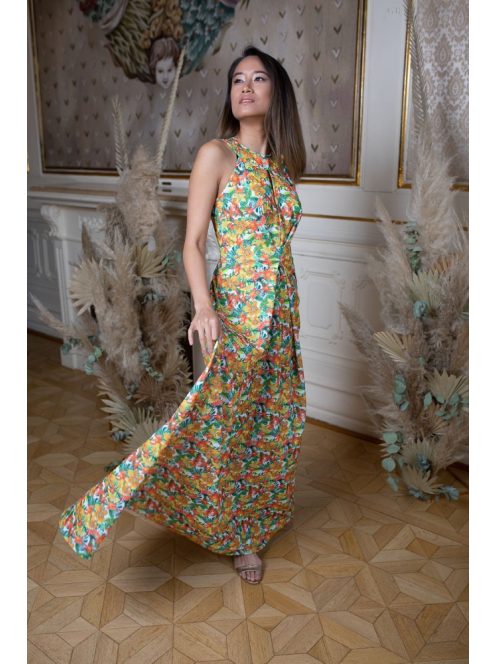Maxi šaty s výstrihom v tvare slzičky - farebný kvetinkový vzor