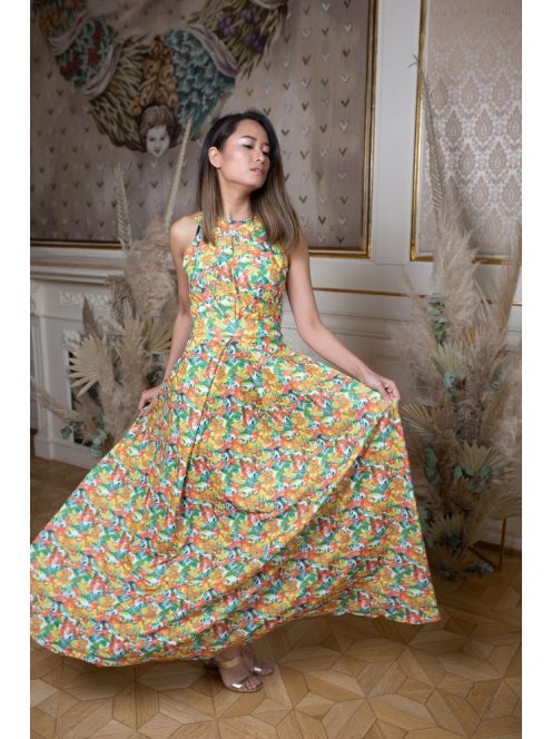 Maxi šaty s výstrihom v tvare slzičky - farebný kvetinkový vzor