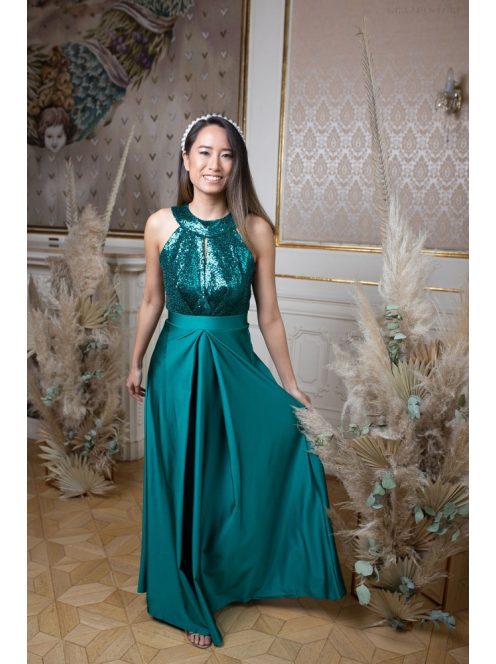 Flitrované maxi šaty s výstrihom v tvare slzičky - zelená  