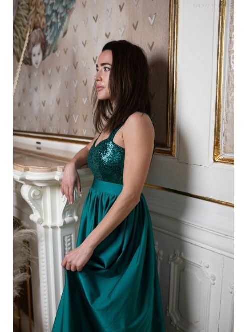 Maxi šaty s ramienkami a flitrovaným vrchom - zelená