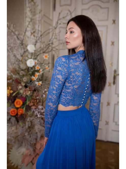 Čipkovaný crop-top s dlhým rukávom - kráľovsky modrá