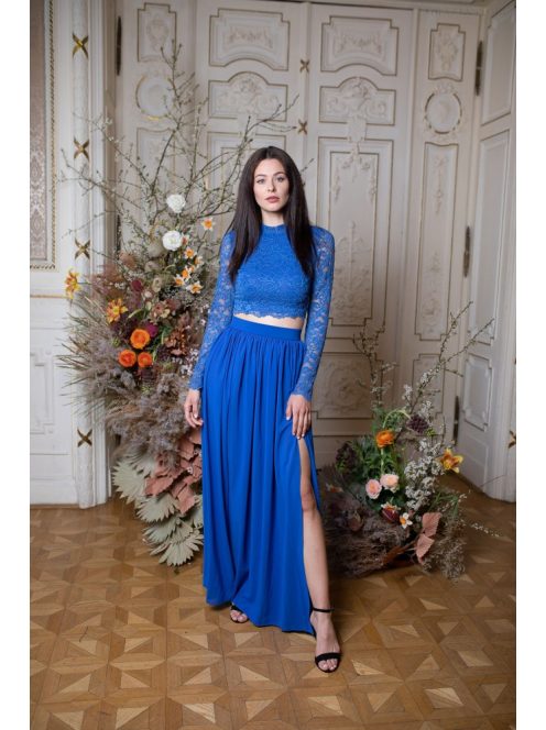 Čipkovaný crop-top s dlhým rukávom - kráľovsky modrá