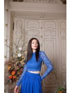 Čipkovaný crop-top s dlhým rukávom - kráľovsky modrá