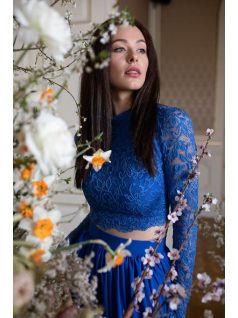 Čipkovaný top s dlhým rukávom – kráľovská modrá