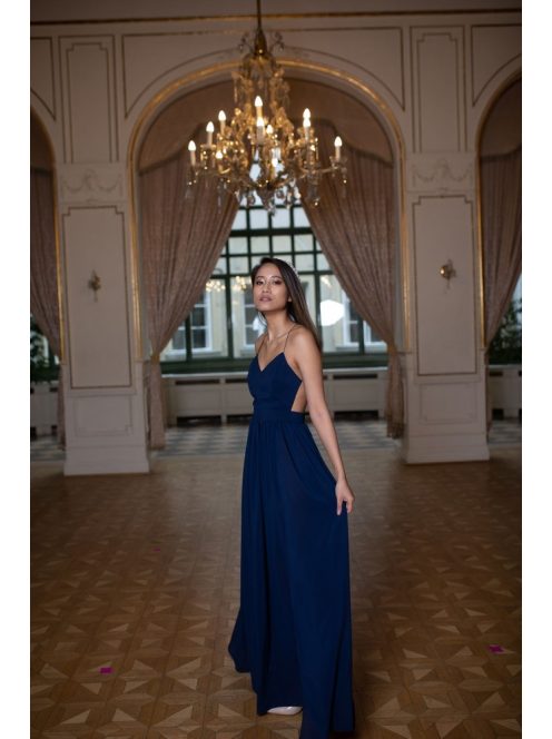 Tmavomodré mušelínové šaty bez chrbtovej časti - tmavomodrá