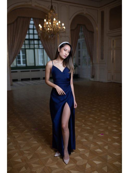 Na boku nariasené, bodycon  maxi šaty - tmavomodré