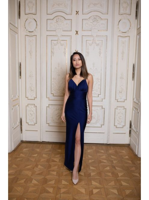 Maxi šaty priliehavé s V výstrihom - tmavomodré 