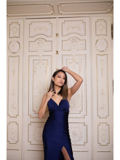 Maxi šaty priliehavé s V výstrihom - tmavomodré 