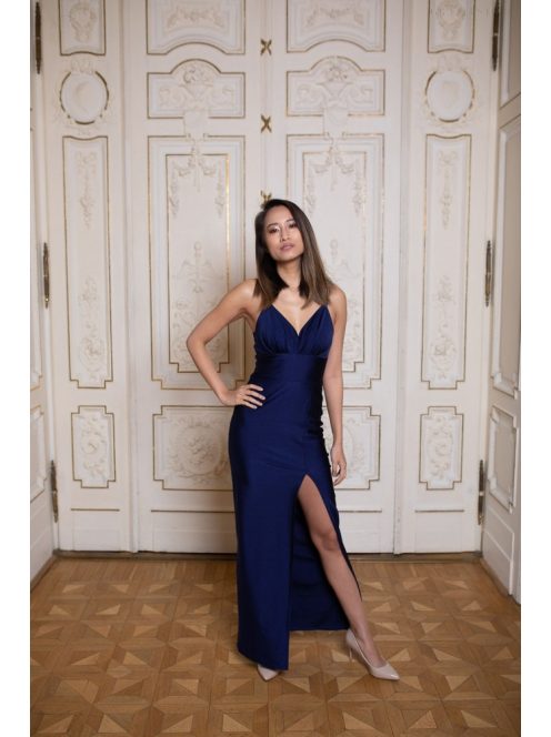  Maxi šaty priliehavé s V výstrihom - tmavomodré 