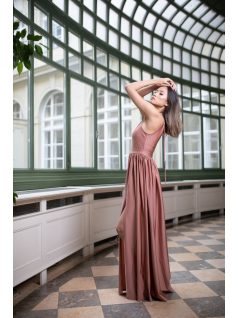   Vpredu-vzadu uzavreté bezrukávové maxi šaty - coffe cream 