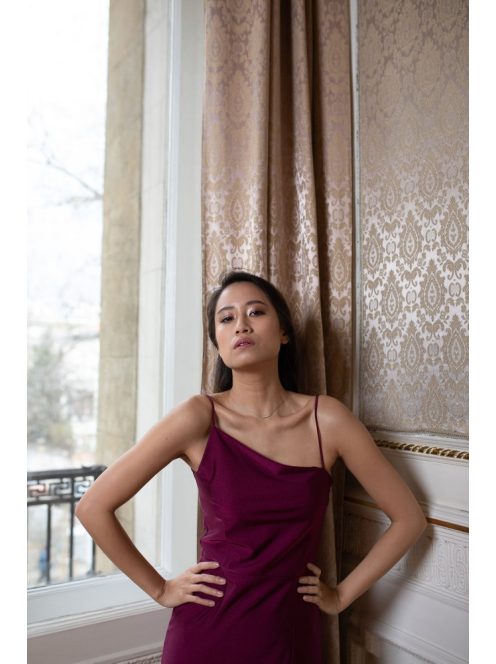 Jednoramenné  maxi šaty - bordové