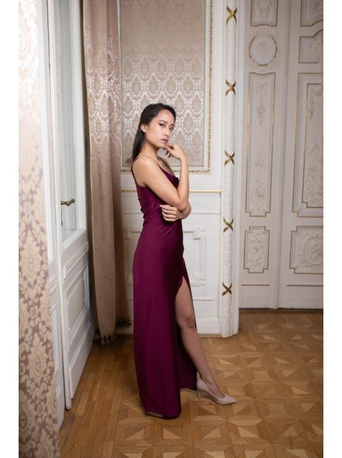 Jednoramenné  maxi šaty - bordové