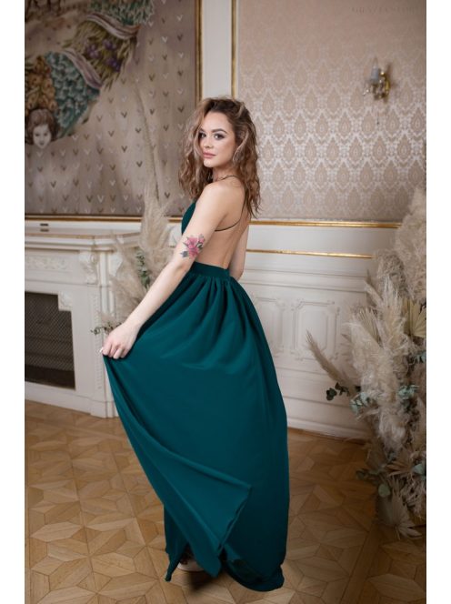 Mušelínové maxi šaty bez chrbtovej časti - tmavozelené